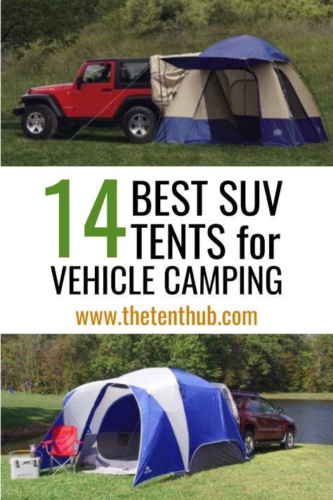 Jeep Wrangler Tent Camping, Jeep Tent Camping, Suv Tent Camping Diy, Jeep Wrangler Tent, Camping Suv Ideas, Van Tent Extension, Suv Tent Camping Setup, Car Tents For Camping, Diy Suv Tent