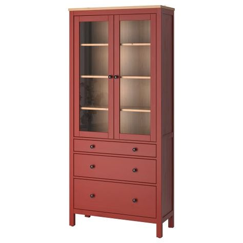 HEMNES, glass-door cabinet with 3 drawers, 90x197 cm, 505.306.34 - IKEA Greece Hemnes Red, White Kitchen Units, Glass Cupboard, Room Pieces, Bed Apartment, Ikea Hemnes, Eclectic House, Organization Furniture, Italian Home