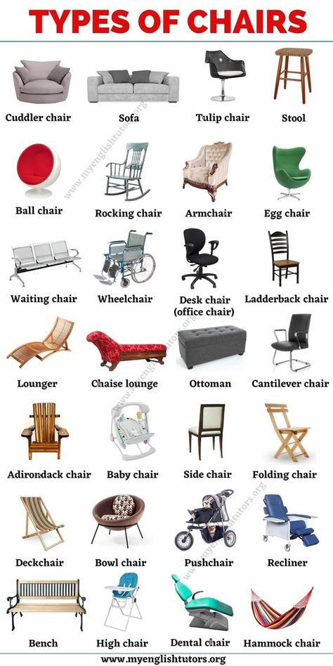 Types Of Chairs, English Learning Spoken, English Vocab, English Verbs, Learn Facts, Interesting English Words, Good Vocabulary Words, Good Vocabulary, English Language Teaching