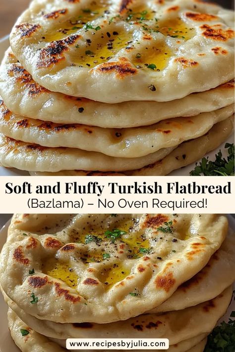 Learn how to make soft and fluffy Turkish Bazlama flatbread with just 3 ingredients! Perfect for dips, wraps, or enjoying warm with butter. Barley Flatbread, Bread With Yogurt, Turkish Flatbread, Turkish Bread, Quick Bread, Flatbread, Bread Rolls, Barley, Bread Recipes