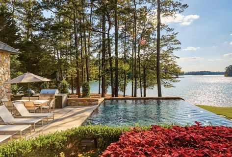 Defining Home Creates Deluxe Lake House - Southern Home Magazine Spanish Tile Floors, Lake Backyard, Dark Woodwork, Southern Home Magazine, Spanish Floor Tile, Architecture Journal, 1970s House, Ledge Lounger, Pecky Cypress