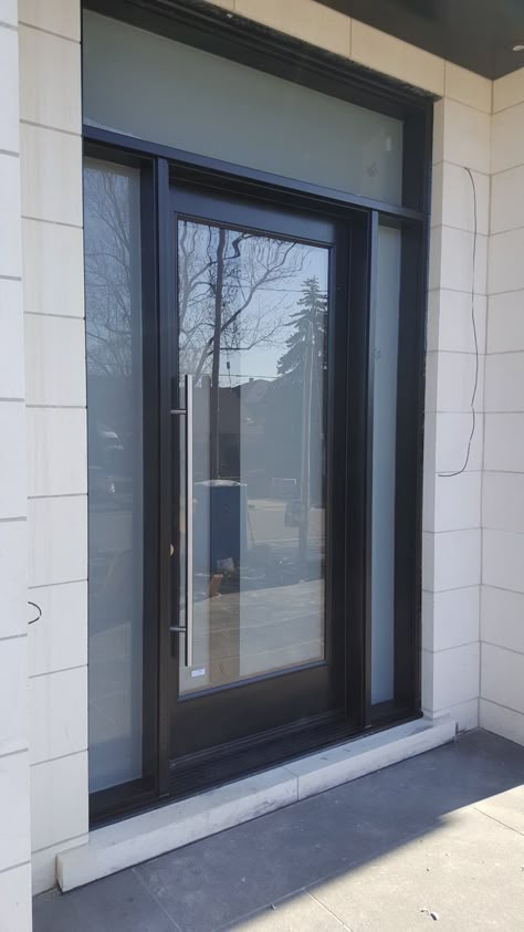 Reeded Glass Front Door Modern, Office Front Door Entrance, Modern Front Doors With Glass Panels, Exterior Front Entrance Ideas, Exterior Doors With Glass Panels, Glass Front Door Ideas, Frosted Glass Front Door, Glass Front Entry Doors, Glass Entrance Doors