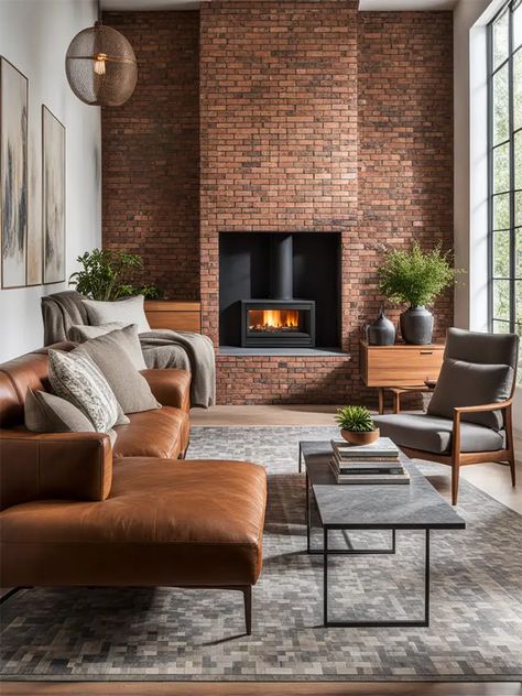 Brick House Interior Design, Internal Brick Wall, Red Brick Decor, Red Brick Fireplace Ideas, Brick Wallpaper Office, Brick Veneer Fireplace, Brick Accent Wall Living Room, Red Brick Wall Interior, Living Room Brick Wall