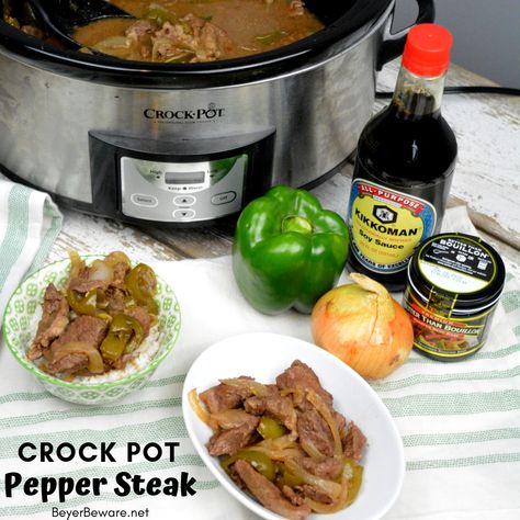 Crock Pot Pepper Steak is a flavorful Chinese food favorite combining strips of steak, bell peppers, onions, garlic, and with traditional Chinese flavors. #ChineseFood #Steak #PepperSteak #BeefRecipes #CrockPotRecipes Crock Pot Pepper Steak, Peper Steak, Crockpot Pepper Steak, Chinese Pepper Steak, Crockpot Stuffed Peppers, Crockpot Steak, Pepper Steak Recipe, Slow Cooker Stuffed Peppers, Crockpot Recipes Beef