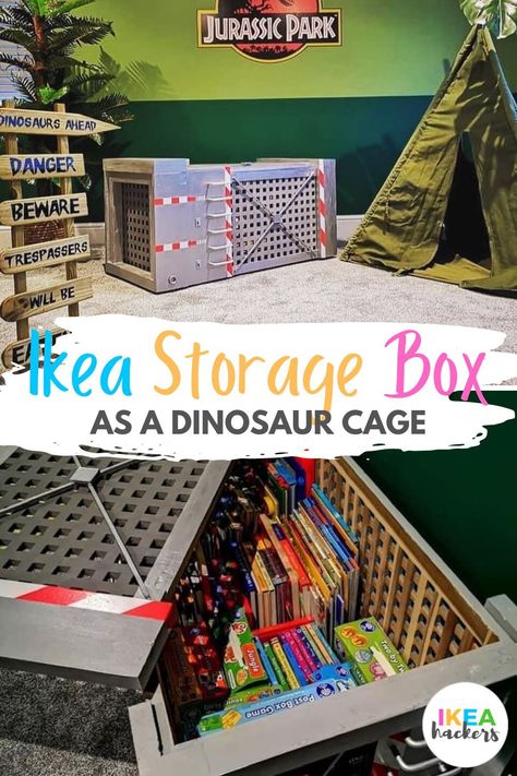 This IKEA storage box is perfect as dinosaur cage! Want to DIY home decor your kids room? Try this simple and fun ikea hack fro kids. Turn your ikea storage box into a dinosaur cage! This ikea hack is so fun and creative your kids will love it! Dinosaur Themed Room, Dinosaur Storage, Ikea Storage Boxes, Easy Diy Home Projects, Wood Primer, Giant Dinosaur, Ikea Finds, Ikea Ideas, Toy Storage Solutions