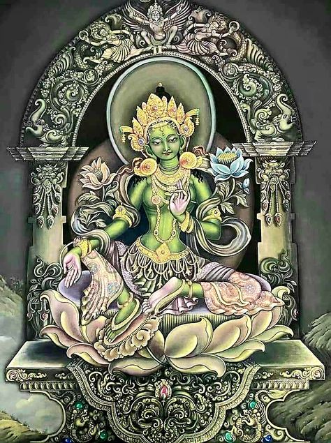 Paubha Painting, Sophia Code, Newari Art, Buddhism Wallpaper, Tara Goddess, Tantra Art, Buddhist Art Drawing, Lotus Painting, Kerala Mural Painting