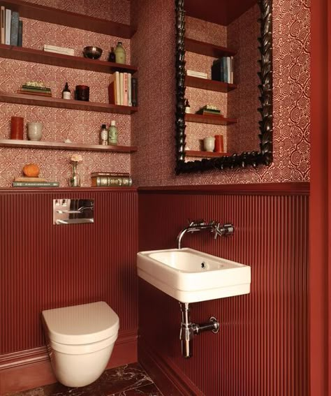 Rusty Red Bathroom, Orange Small Bathroom, Wallpaper Guest Toilet, Red Toilet Design, Funky Guest Bathroom Ideas, Wallpaper And Panelling Bathroom, Red Ceiling Bathroom, Red And Green Bathroom, Small Red Bathroom