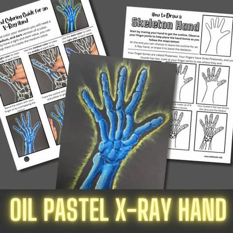 X-Ray Skeleton Hand Art Lesson, Skeleton System Activity, Halloween Art Thanksgiving Art Elementary School, Skeletal System Activities For Middle School, Skeletal System Activities For Kids, Fall Art Project Elementary, Art In Science, Science Based Art Projects, Halloween Lessons Elementary, Pumpkin Art Lesson Elementary, November Activities For Middle School