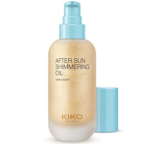 Indulge your skin in a nourishing glow with the KIKO Milano After Sun Shimmering Oil. Suitable for post-sun exposure, the body oil envelops the skin in a nurturing blend of botanical oils for skin-quenching softness. The unique hybrid oil adorns your skin and hair with a glistening veil of nourishment and shine. Enriched with sweet almond and coconut oil, the after-sun oil boasts hydrating benefits to lend a silky soft feel. A fusion of avocado and olive oil locks in potent moisture while lending a soothing effect after sun exposure. Perfect for holiday evenings or summer nights, the hybrid shimmer oil features gilded micro-pearls that create an illuminating glow. Laced with exotic notes of monoi, the body oil scents skin with a tropical fragrance to indulge the senses. Sun Oil, Shimmer Oil, Tropical Fragrance, Botanical Oils, Kiko Milano, After Sun, Makeup Gift, Sun Exposure, Shea Moisture Products