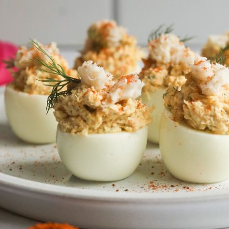 Crab Deviled Eggs - Seasoned to Taste Old Fashioned Pimento Cheese Recipe, Pimento Cheese Fritters, Crab Deviled Eggs, Crab Deviled Eggs Recipe, Crab Eggs, Jalapeno Deviled Eggs, Cajun Crab, Devilled Eggs, Pimento Cheese Recipes