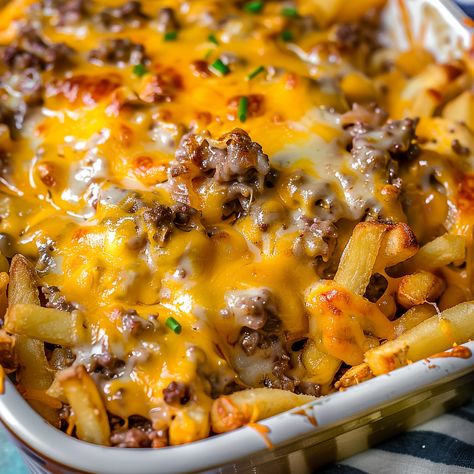 Cheeseburger French Fry Casserole Cheeseburger Casserole With Fries, Ground Beef And French Fries Recipes, Cheeseburger French Fry Casserole, Beef Casseroles Dinners, Fry Casserole, French Fry Casserole, Loaded Potato Casserole, French Fries Recipe, Homemade French Fries