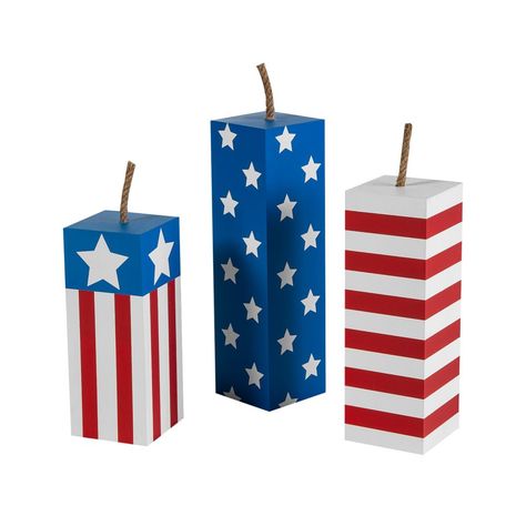 Do you love the look of fireworks, but not the look of setting things on fire? These wooden blocks look like huge, patriotic fireworks complete with rope wicks on top of each block. With three sizes of decorations (small, medium and large) and plenty of red, white and blue, these patriotic decorations are perfect as Fourth of July decorations or patriotic home décor. (3 pcs. per set) 4" x 10" -14" Fourth Of July Crafts For Adults, Things On Fire, Military Christmas, Indoor Holiday Decor, Fourth Of July Decorations, 4th July Crafts, Wood Block Crafts, Fourth Of July Decor, Flag Signs