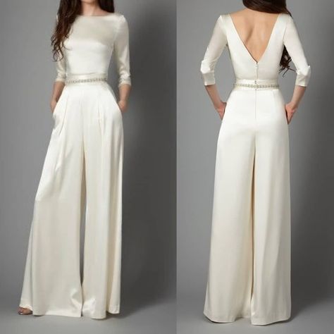 White Jumpsuit Wedding, Jumpsuit Wedding, Wedding Pants, Gorgeous Summer Dresses, Batwing Blouse, Sleeve Silhouette, Elegant Pant, Wedding Court, Wedding Jumpsuit