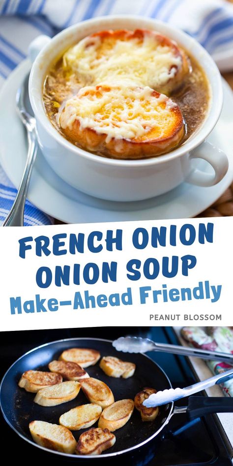 French Onion Soup {Freezer-Friendly} Can You Freeze French Onion Soup, Homemade Ciabatta Bread, Crostini Toppings, Freezer Prep, French Onion Soup Bowls, Bread Bowl Recipe, Crouton Recipes, Freezer Dinners, French Onion Soup Recipe