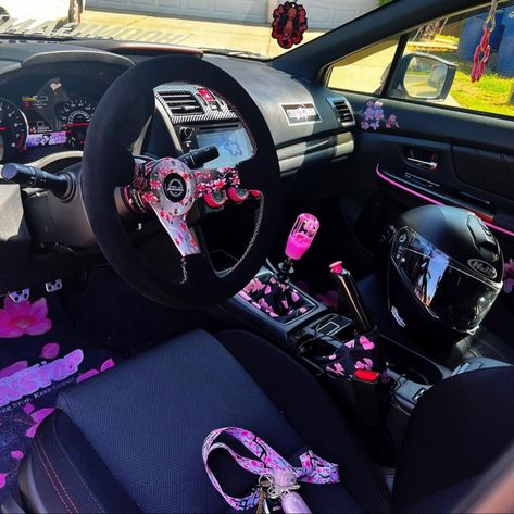 Cherry Blossom Interior, Pink Steering Wheel, Pink Steering Wheel Cover, Wrx Subaru, Pink Cars, Modeling Photography, Pink Cherry Blossom, Pink Car, Steering Wheel