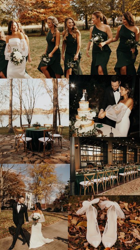 Rustic chic fall wedding color mood board for Jess and Ben Higgin’s luxury wedding at one of the best Tennessee wedding venues, The Estate at Cherokee Dock. We chose a forest green and champagne fall wedding color palette, rustic wedding décor, and a rustic white bridal bouquet for their dream November wedding. Click through for the November luxury wedding décor and fall wedding ideas. We offer luxury weddings in Nashville & worldwide. Rustic fall wedding tablescapes, November wedding aesthetic Fall Lodge Wedding, September Rustic Wedding, Modern Rustic Wedding Theme, Champagne Fall Wedding, Winter Western Wedding, Western Winter Wedding, Fall Wedding Bridal Party, Western Theme Wedding, Fall Wedding Tablescapes