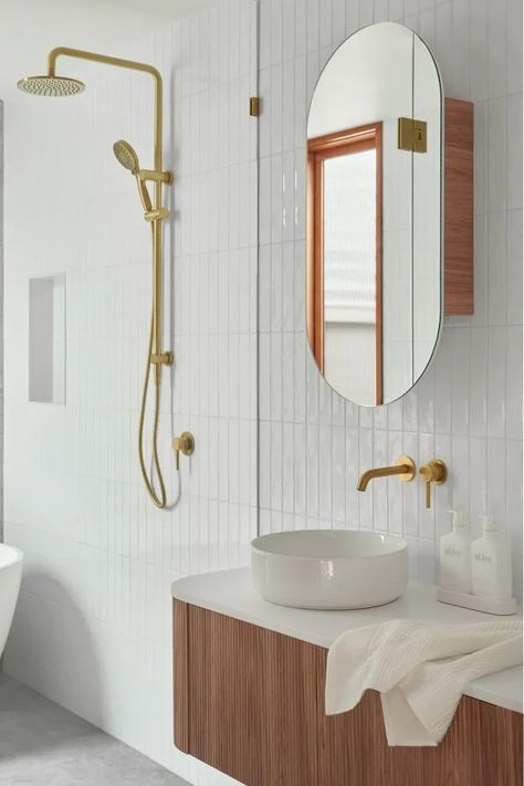 Bathroom Renovation Guide | Cerastone Surfaces Curved Vanity, Prime Oak, Vintage Inspired Bathroom, Mirrored Cabinet, Design Strategies, Renovation Tips, Counter Basin, Wall Feature, Latest Bathroom