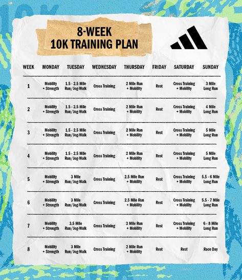 Looking to hit your next running milestone? Training for a 10K might be right for you. Read on for a plan that includes strength training, stretching, and more. 9 Week 10k Training Plan, Running And Workout Schedule, 8k Running Plan, How To Train For A 10k, Strength And Running Schedule, Run 10k Plan, Runner Training Plan, Running Plan For Half Marathon, 10k Running Plan Beginner