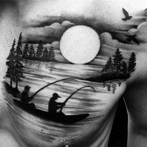 40 Lake Tattoo Designs For Men - Nature Ink Ideas Outdoor Tattoo, Wilderness Tattoo, Lake Tattoo, Boat Tattoo, Hunting Tattoos, Scene Tattoo, Heaven Tattoos, Nature Tattoo Sleeve, Boat Drawing