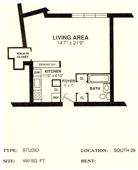 South 09 490 sq. ft. Breakfast Bar Kitchen, Walk In Closet, Studio Apartment, Living Area, Floor Plans, Apartment