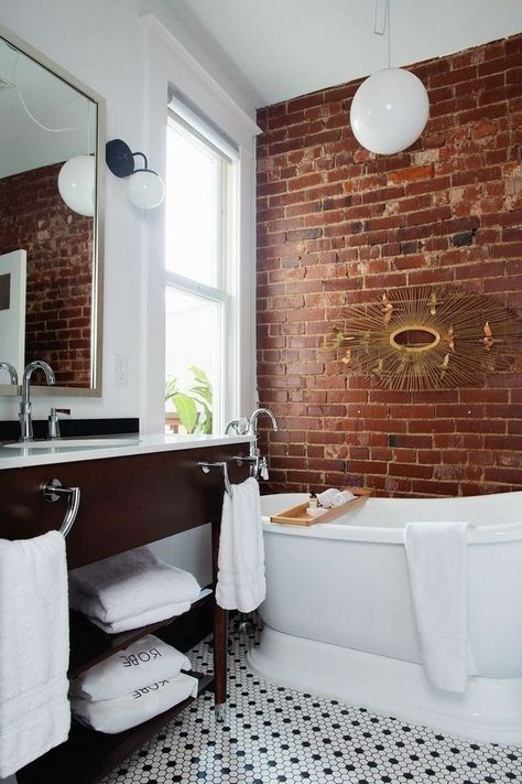 Exposed Brick Bathroom, Brick Wall Bathroom, Bricks Design, Brick Bathroom, Brick Wall Decor, Modern Bathroom Interior, Loft Bathroom, Bathroom Gallery, Bathroom Organization Diy