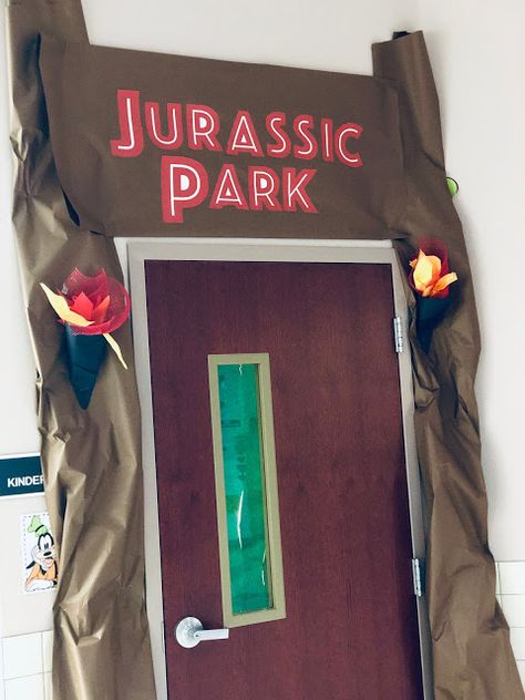 Scissors and Crayons: Jurassic Park Classroom Transformation Fossil Classroom Transformation, Jurassic Park Office Decor, Jurassic Park Classroom Door, Jurassic Park Door Decoration, Jurassic Park Activities For Kids, Jurassic Park Room Transformation, Dinosaur Room Transformation, Jurassic Park Classroom Theme, Jurassic Park Classroom Transformation