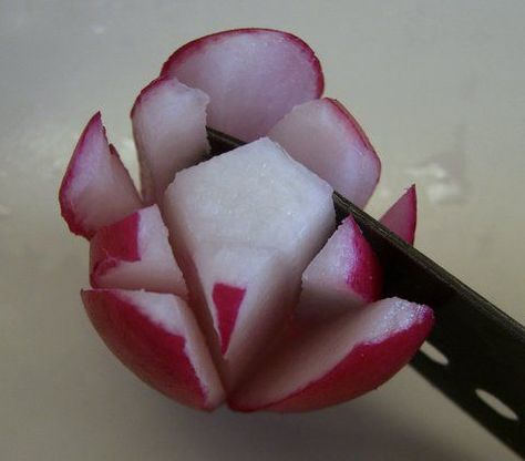 Radish roses "how to" How To Cook Radishes, Radish Roses, Radish Flowers, Radish Recipes, Vegetable Tray, How To Make Rose, Food Carving, Veggie Tray, Food Garnishes