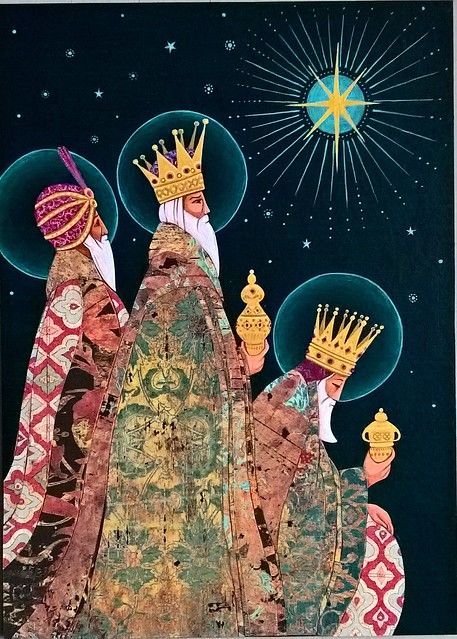 Three Kings. | A4 Hand painted card. Acrylic and paper on ca… | Flickr Hand Painted Card, Christmas Card Art, 캐릭터 드로잉, Three Kings, Christmas Scenes, Christmas Quilts, Christmas Nativity, Noel Christmas, Vintage Christmas Cards