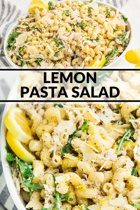 This summery pasta salad includes a creamy lemon dressing, shredded chicken, arugula, and red onion. It's the perfect light entree or BBQ side dish! Creamy Lemon Pasta Salad, Pasta Salad Lemon Dressing, Lemon Pepper Pasta Salad, Lemon Chicken Salad Recipes, Lemon Pasta Salad Recipes, Lemon Chicken Pasta Salad, Pasta Salad Lemon, Grilled Chicken Side Dishes, Bbq Chicken Side Dishes