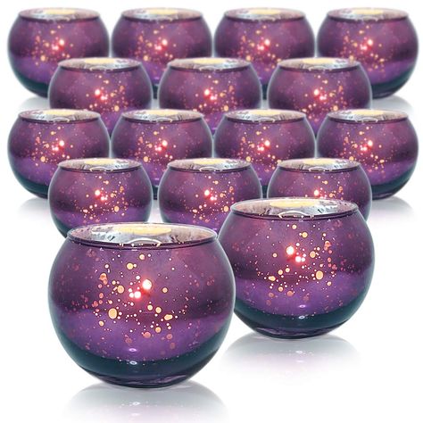 PRICES MAY VARY. 1️⃣ Versatile Decoration：Includes 16 exquisitely designed glass votive candle holders for creating a charming and romantic atmosphere. 2️⃣ Perfect Fit: Each candle holder measures 2.6"（diameter）*2.2"（height）and the top opening diameter is 2, making it an ideal size for standard tea lights or votive candles. The round shape and transparent glass allow the candlelight to shine through beautifully. 3️⃣ Premium Quality Material: Made of high-quality glass, ensuring long-lasting dura Silver Votive Candles, Dark Purple Wedding, Purple Wedding Centerpieces, Valentines Dinner, Purple Centerpieces, Led Tea Light Candles, Mercury Glass Candle Holders, Purple And Gold Wedding, Mercury Glass Candles