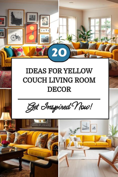 Collage of living rooms featuring yellow couches with diverse decor styles. Yellow Living Room Sofas, Yellow Couch Living Room, Yellow Couch Living Room Ideas, Couch Living Room Ideas, Yellow Couch, Living Room Aesthetic, Couch Living Room, Yellow Sofa, Cozy Rugs