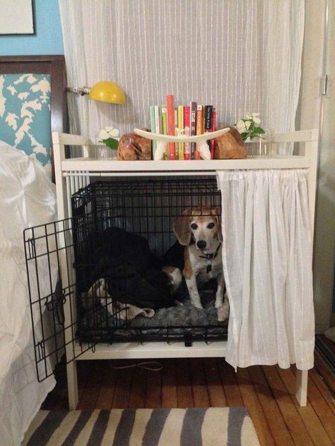 dog areas in small apartments #dogareasinsmallapartments Diy Dog Crate, Dog Crate Cover, Crate Table, Crate Diy, Crate Cover, Dog Crate Furniture, Dog Rooms, Pretty Dogs, Dog Hacks