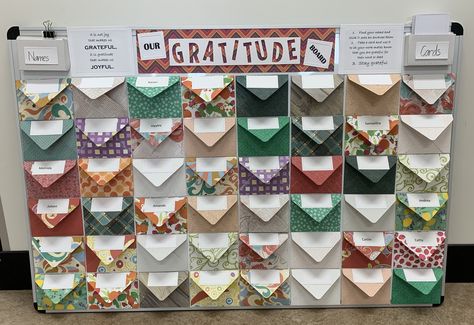 I created this gratitude board for our work area. We have 40 odd staff and they choose their own envelope and then we pop what we are grateful for them doing on a card and slipping it into their envelope. #CTMH Work Gratitude Board, Gratitude Display, Staff Bulletin Boards, Gratitude Poster, School Counselor Lessons, Gratitude Board, Appreciation Note, Morale Boosters, Gratitude Cards