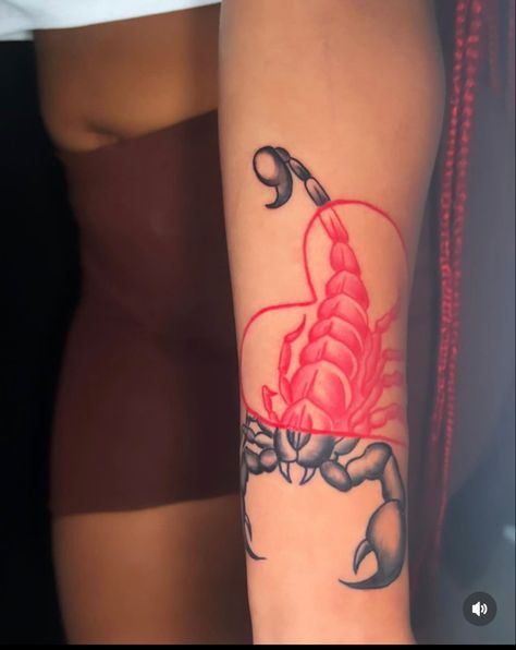 Scorpio Dragon Tattoo, Scorpion Heart Tattoo Design, Large Scorpion Tattoo, Scorpion With Heart Tattoo, Women Scorpio Tattoo, Scorpio Arm Tattoos For Women, Taurus And Scorpio Tattoo Together, Scorpion Stomach Tattoo, Pink Scorpion Tattoo