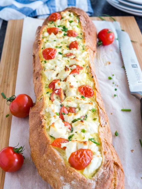 Tomato Feta Stuffed French Bread is so easy to make and bursting with fresh flavors! This bread boat is the ultimate appetizer for your next party but also perfect for a brunch or dinner for two. Dinner Ideas With Bread, Feta Appetizer, Stuffed French Bread, Sustainable Recipes, Bread Boats, Loaf Bread Recipe, Bread Dinner, French Bread Loaf, Tomato Bread