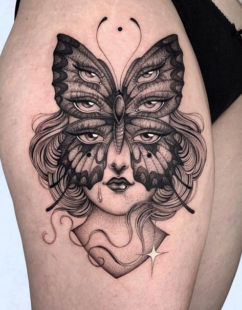 Butterfly mask by Sara Rosa, an artist at Black Ship Tattoo in Barcelona, Spain. Butterfly Goddess Tattoo, Creepy Butterfly Tattoo, Trippy Tattoos For Women, Butterfly Eyes Tattoo, Eye Butterfly Tattoo, Butterfly With Eyes Tattoo, Butterfly Eye Tattoo, Trippy Butterfly Tattoo, Butterfly Face Tattoo