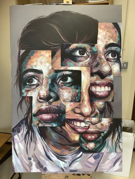 Layers Of Personality Art, Layers Of Emotion Art, Distorted Portraits Painting, Creative Portrait Ideas Art, As Level Art, Facial Distortion Art, Cool Installation Art, Fragments Artist Research, Gcse Art Portraiture Final Piece