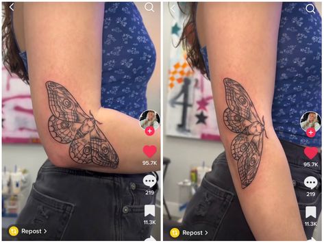 Moth Tattoo Design Elbow, Woodcut Moth Tattoo, Moth In Elbow Tattoo, Luna Moth Elbow Tattoo, Moth On Elbow Tattoo, Moth Elbow Bend Tattoo, Elbow Tattoo Japanese, Butterfly Elbow Tattoo Open Close, Caterpillar Butterfly Tattoo