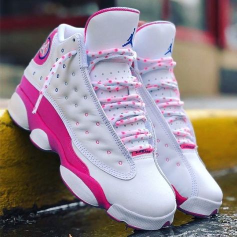 Snkrs Feed on Instagram: “Check out this Jordan 13 “Vivid Pink” with custom laces. Sometimes the laces can make a shoe stand out more. Would you cop this or do you…” Nike Shoes Women Fashion, Nike Fashion Shoes, Nike Shoes Girls, Preppy Shoes, Jordan Shoes Girls, Pretty Shoes Sneakers, Jordan Shoes Retro, Shoes Sneakers Jordans, All Nike Shoes