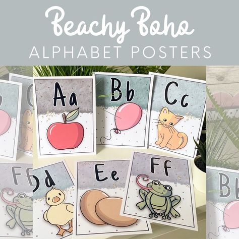 Beautiful calming, coastal inspired alphabet posters ♥ These gorgeous classroom alphabet posters come in beachy boho font, school style font and Australian fonts ♥ Stunning ocean blue and muted sandy color palette, mixed with watercolor details and golden flecks makes this collection so gorgeous ♥ Boho Coastal Classroom, Boho Blue Classroom, Coastal Boho Classroom Decor, Calm Costal Classroom, Retro Beach Classroom, Boho Alphabet Letters Classroom, Classroom Alphabet Posters, Classroom Alphabet, Calming Coastal