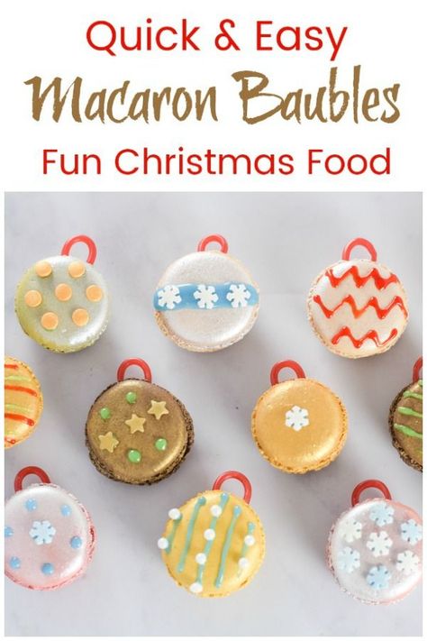 Quick and easy Christmas dessert idea - decorate macarons to make edible Christmas baubles for a fun cheats party food idea #EatsAmazing #ChristmasFood #PartyFood #ChristmasParty #christmascookies #FunFood #Baubles #CuteFood #EdibleArt #FoodArt #KidsFood #Dessert #macarons #EdibleCraft Decorate Macarons, Fun Christmas Food, Mini Christmas Cakes, Macaron Recipes, Christmas Macarons, Christmas Cakes Easy, Food For Kids, Christmas Desserts Easy, Christmas Recipes Easy