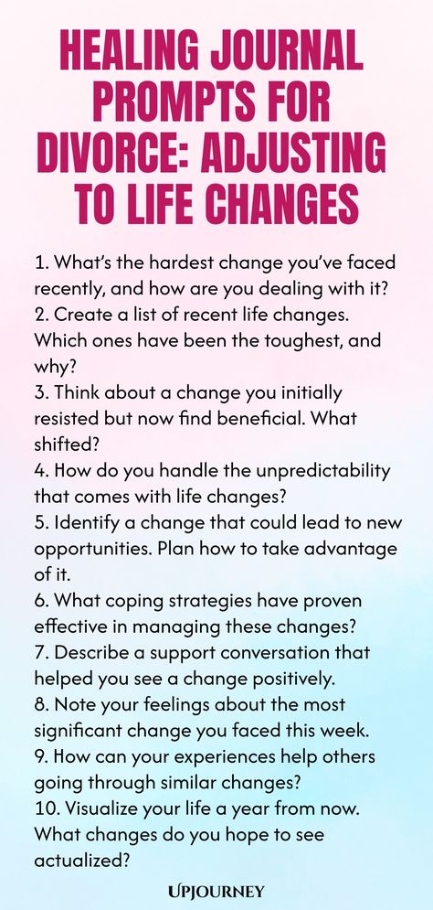 Explore a collection of gentle journal prompts designed to support your healing journey after a divorce. Navigate the process of adjusting to life changes with grace and self-reflection. Use these prompts to nurture your emotional well-being and find clarity amidst the transition. Embrace this time for personal growth and rediscovery as you embark on a new chapter in your life. Take gentle steps towards healing, finding peace, and embracing a future filled with hope and possibilities. Journal Prompts For Divorce, How To Start Over After Divorce, How To Heal After Divorce, Healing From A Breakup Journal Prompts, Journal Prompts For Resentment, Healing After Divorce, Journal Prompts For Healing After A Breakup, Journaling After Divorce, How To Divorce Peacefully