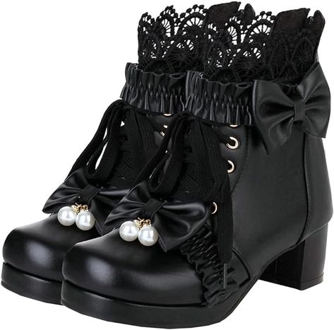 Link in pin. Black Women Platform Boots Lace Up Chunky Heel Ankle Boots with Bow Cosplay Winter Shoes. Kitten Heel Ankle Boots, Cute Ankle Boots, Gothic Boots, Gothic Shoes, Kawaii Shoes, Chunky Heel Ankle Boots, Comfort Shoes Women, Black Platform Boots, Heel Ankle Boots