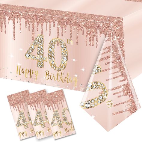 PRICES MAY VARY. [Package Included] - 3Pack pink rose gold 40th birthday tablecloth decorations for women. Made of high quality plastic, durable and thick. [Dimensions] - 54 x 108 inches, suitable for covering most rectangular table tops. [Note: Please measure the table size before buying] [Beautiful Design] - Birthday rectangle tablecloth for 40 year old women in beautiful pink rose gold, big font "Happy 40th Birthday", with party elements like shining stars, rose gold pink diamonds, very beaut Table Cloth Decor, Tablecloth Decorations, 40th Birthday Themes, Rectangular Table Cloth, Happy 90th Birthday, Table Cloth Decorations, Happy 80th Birthday, Happy 10th Birthday, Happy 70 Birthday