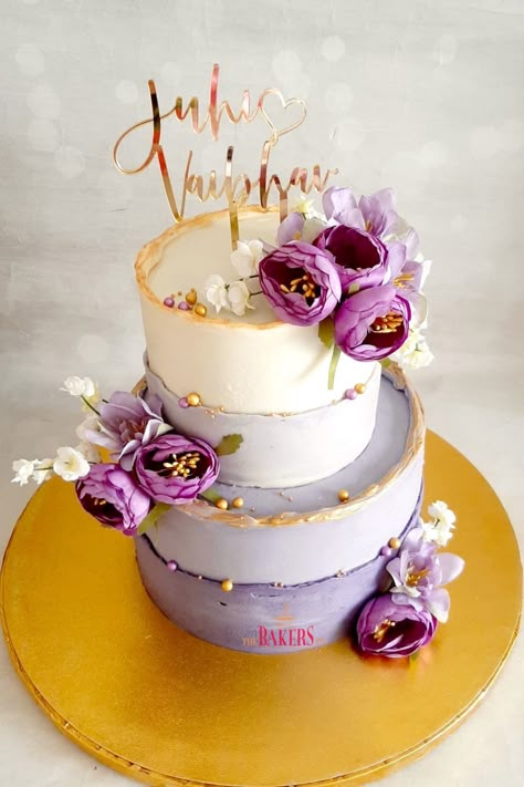 A two tier engagement cake in purple & gold. It is a non fondant cake & is one of our most popular designs Two Tier Engagement Cake Simple, Cake Designs For Reception, Anniversary Two Tier Cake, Cake 2 Tier Wedding, Elegant Two Tier Cake, 2 Tier Wedding Cakes Simple Elegant Rustic, Engagement 2 Tier Cake Designs, 2 Floor Cake Design, Anniversary Cake Two Tier