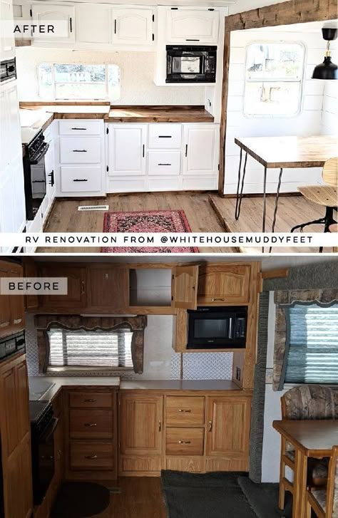 Modern Farmhouse RV Tour featuring @WhiteHouseMuddyFeet on MountainModernLife.com #rvreno #rvtour #campermakeover #rvrenovation #rvinspiration #tinyhome #modernfarmhouse #fifthwheel #camper Tiny Modern Farmhouse, Rv Tour, Rv Interior Remodel, Architecture Renovation, Tiny House Camper, Camper Redo, Camper Trailer Remodel, Camper Hacks, Camper Reno