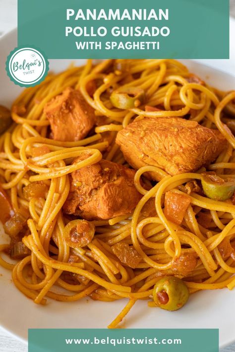 A classic Panamanian dish combining stewed chicken and spaghetti. An amazing combination of flavors abound. Travel to Panama with me! Pollo Guisado Recipe, Chicken And Spaghetti, Panama Recipe, Panamanian Food, Stewed Chicken, Pasta Noodle Recipe, Spaghetti Recipe, Hispanic Food, Food Projects