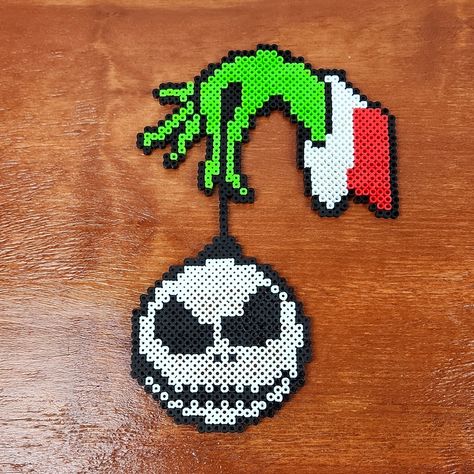 The Grinch & Nbc Jack Skellington Christmas Perler Bead Pixel Art Collectible Measures Approx. 10.5" High 7" Wide Handmade Perler Art Designed Entirely Out Of Perler Beads This Is A Unique Handmade Item These Make Great Gifts, Collectibles, Wall Art Etc. Check Out Our Other Items To Make Bundles. If You Like Any Items, I Will Send An Offer To You, Including The Seller Discount Of 10% Off 2 Or More Items Ships Same Or Next Day! Thank You! Thank You! Christmas Perler Bead Patterns Big, Iron Man Perler Bead Pattern, Perler Bead Hanging, Nightmare Before Christmas Melty Beads, Wrestling Perler Bead Patterns, Peeler Beads Patterns Halloween, Gingerbread Man Perler Beads, Pearl Or Bead Patterns, Perler Beads Square