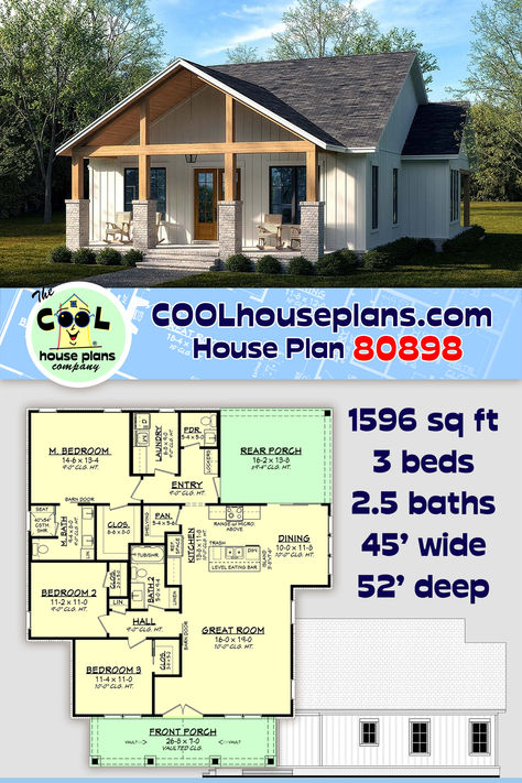 This quaint country home plan offers a little bit of everything in a reasonable square footage. With 3 bedrooms and 2.5 baths, this house plan also has large front and rear porches. The open floor plan is great for entertaining, especially in a kitchen, which is equipped with an eat at bar and walk-in-pantry. The bedrooms are convienently close but just far enough for some privacy. This home plan is reasonably narrow and will fit many different lot configurations. Small Country House Plans, Small Country House, Small Cottage House Plans, Barn Style House Plans, Small House Floor Plans, Building Plans House, Farmhouse Style House Plans, Cottage Plan, Barn Style House