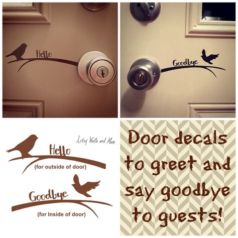 This front door hello and goodbye decal greets visitors as they come and leave with the words and a cute little bird that's landed and then one that's  flying away. Only $6 for both decals. One goes on the outside of the door and one goes on the inside. Front Door Decals Vinyl, Vinyl Door Decal, Hello Door Decal, Welcome Front Door, Vinyl Door, Front Door Decal, Door Vinyl, Hello Goodbye, Vinyl Doors